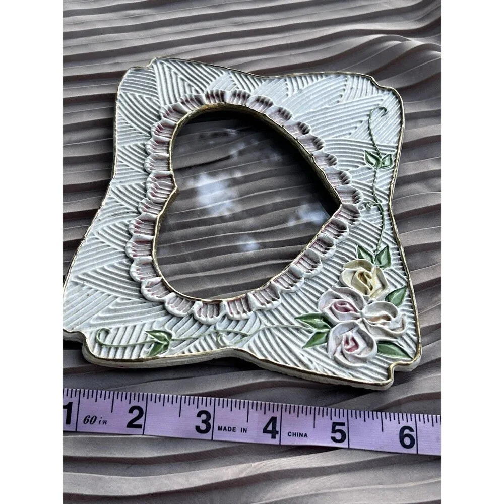 Vintage Hand Painted Ceramic Rose Picture Frame Cottage Shabby Chic
